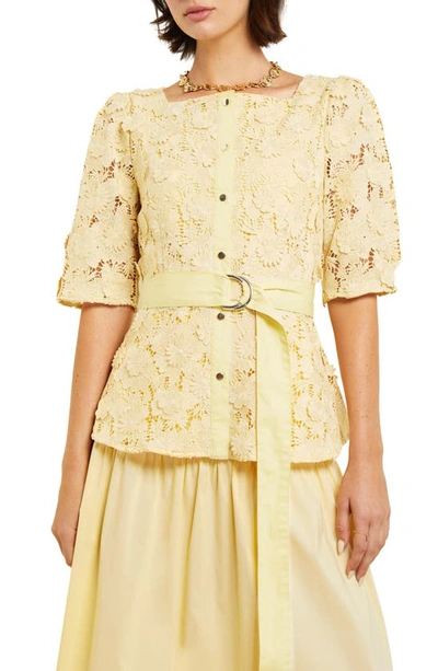 Misook Belted Lace Top In Pale Gold