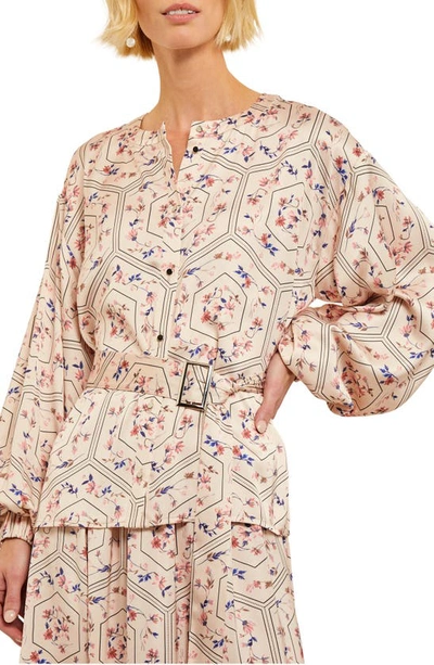 Misook Floral Balloon Sleeve Belted Shirt In Biscotti Porcelain Pink