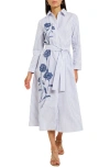 Misook Floral Embroidered Long Sleeve Midi Shirtdress In Mazarine White