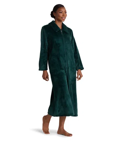 Miss Elaine Petite Long-sleeve Fleece Knit Zip-front Robe In Green