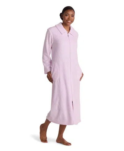 Miss Elaine Petite Long-sleeve Fleece Knit Zip-front Robe In Pink
