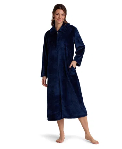Miss Elaine Petite Long-sleeve Fleece Knit Zip-front Robe In Blue
