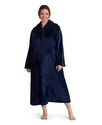 Miss Elaine Plus Size Zip-front Long-sleeve Fleece Knit Robe In Blue