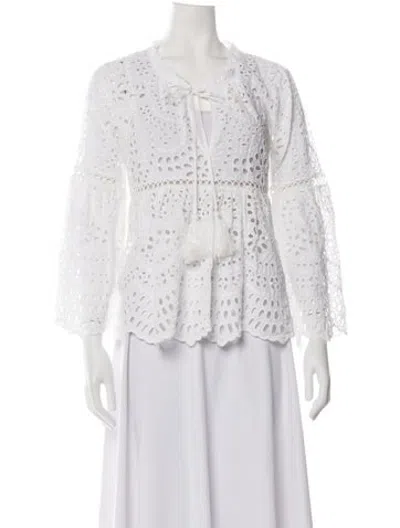 Pre-owned Miss June Lace Pattern Tie Neck Blouse In White