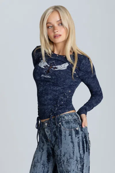 Miss Me Odessa Graphic Top - Xs / Blue In Brown