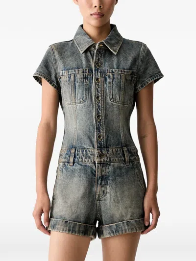 Miss Sixty Patchwork-logo Denim Playsuit In Blue