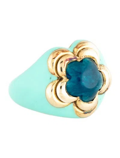 Pre-owned Missoma Dyed Quartzite & Enamel Good Vibes Flower Cocktail Ring In Green