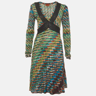 Pre-owned Missoni Multicolour Zig Zag Pattern Knit V Neck Mini Dress M