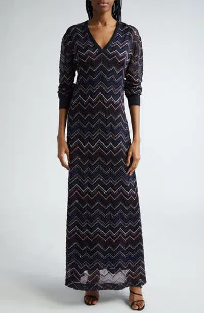 Missoni Sparkly Sequin Long Sleeve Shimmer Chevron Knit Maxi Dress In Multi