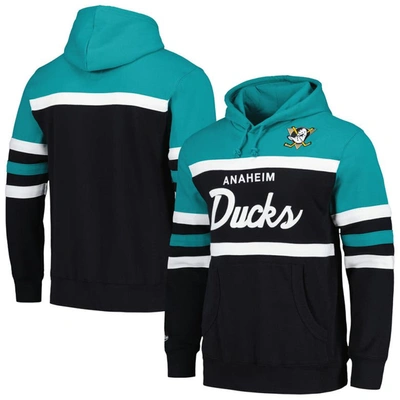 Mitchell & Ness Men's  Black, Teal Anaheim Ducks Head Coach Pullover Hoodie In Black,teal