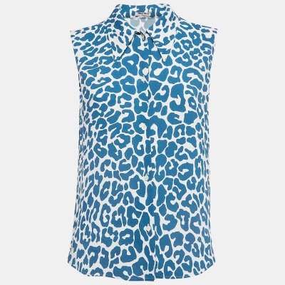 Pre-owned Miu Miu Blue Print Crepe Button Front Sleeveless Top M