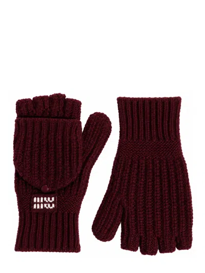 Miu Miu Burgundy Ribbed Logo Gloves With Embroidered Detail And Finger Cots In Bordeaux