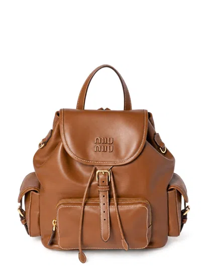 Miu Miu Cognac Leather Mini Backpack With Gold Hardware In Brown