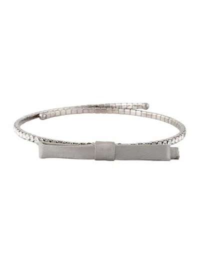 Pre-owned Miu Miu Crystal & Fabric Bow Flexible Choker Necklace, 13" In Clear/grey
