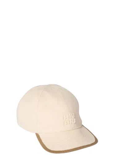 Miu Miu Dual-effect Baseball Cap In Drill And Poplin With Embroidered Logo In Ecru