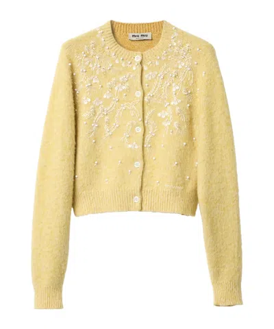 Miu Miu Embroidered Cashmere Cardigan In Yellow