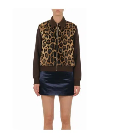 Miu Miu Leopard-print Panelled Zip-up Sweater In Brown