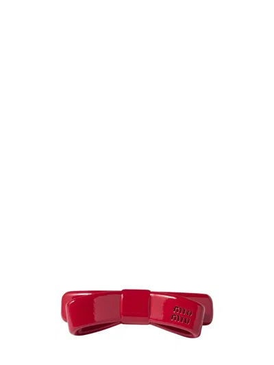 Miu Miu Miu Mini Bow Logo Hair Clip In Red