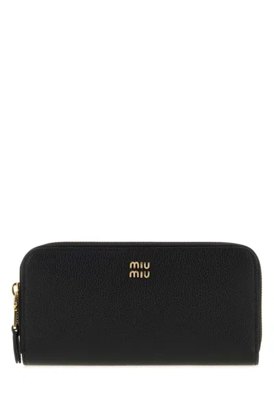 Miu Miu Miu Mini Leather Wallet With Golden Hardware In Black