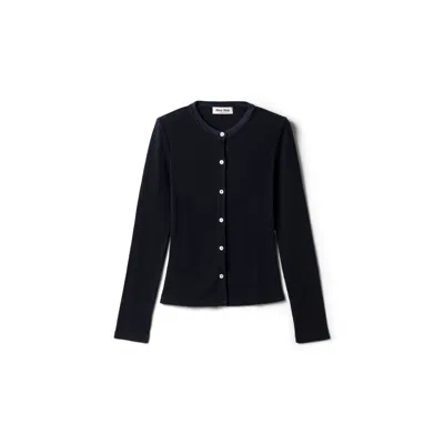 Miu Miu Pointelle Cotton Cardigan In Blue