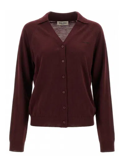Miu Miu Red Wool Cardigan In Burgundy
