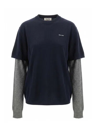 Miu Miu Sweater With Jersey Sleeves In Blue