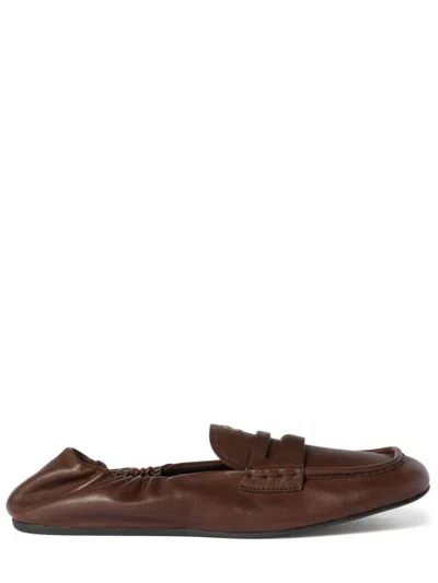 Miu Miu Vintage-inspired Mini Loafer With Embossed Gold Logo And Rubber Sole In Brown