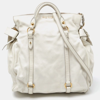 Pre-owned Miu Miu White Leather Fold Over Bow Bag