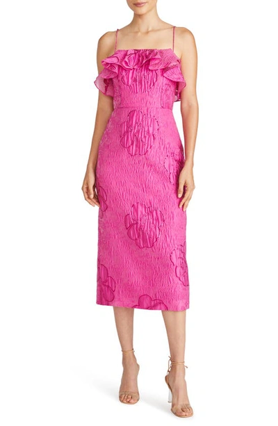 ml Monique Lhuillier Cynthia Metallic Floral Jacquard Cocktail Midi Dress In Bright Pink