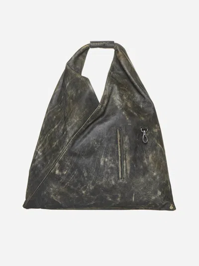 Mm6 Maison Margiela Japanese Leather Handbag In Black,almond Buff