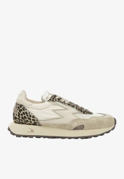 Moaconcept Runner Suede And Nylon Sneakers With Leopard Print Panels In Beige