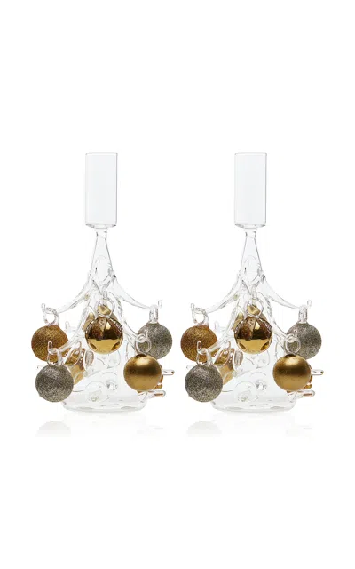 Moda Domus - Set-of-two Handmade Glass Christmas Tree Candlesticks - Multi
