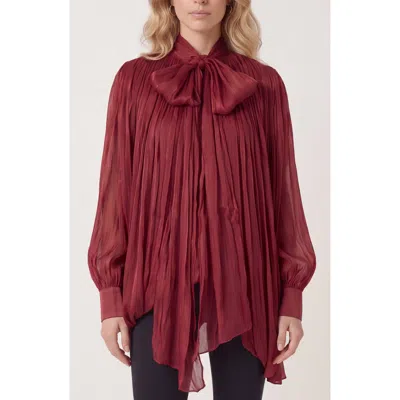 Modenaire Bow Tie Pleated Long Sleeve Blouse In Burgundy