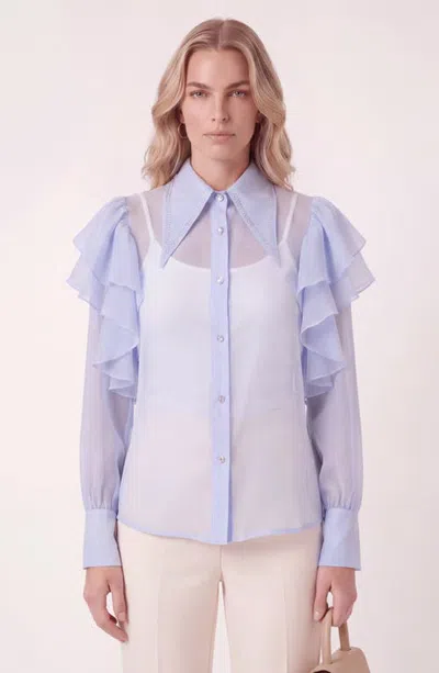 Modenaire Embellished Collar Ruffle Sleeve Button Up Blouse In Purple