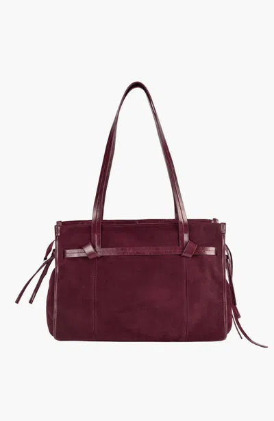 Modenaire Side Tie Textured Double Handle Tote Bag In Burgundy