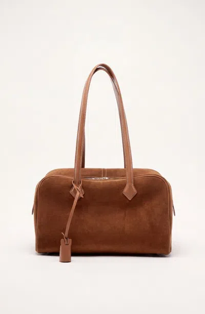 Modenaire Structured Suede Zip Top Shoulder Bag In Brown