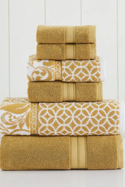 Modern Threads Trefoil Filigree Reversible Yarn-dyed Jacquard 6-piece Towel Set In Gold