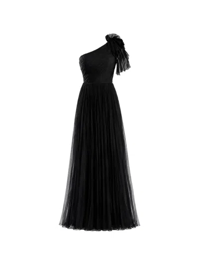 Monarh Asymmetrical Ruffled-shoulder Maxi Dress In Black