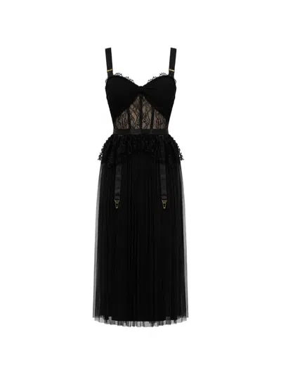 Monarh Lace-panelled Garter-detail Midi Dress In Black