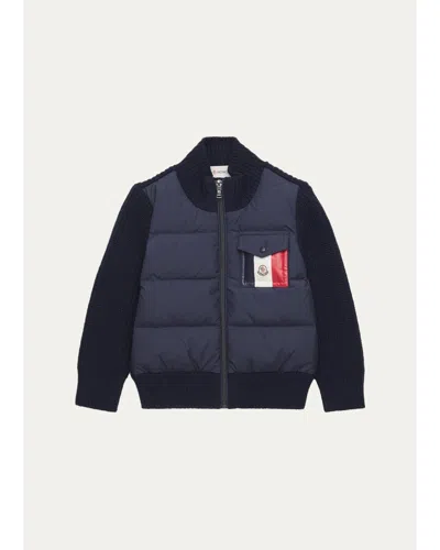 Moncler Kids' Girl's Mesles Quilted-front Knit Jacket In Blue