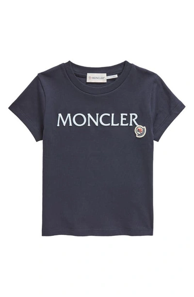 Moncler Kids' Embroidered Logo Cotton T-shirt In Blue Navy