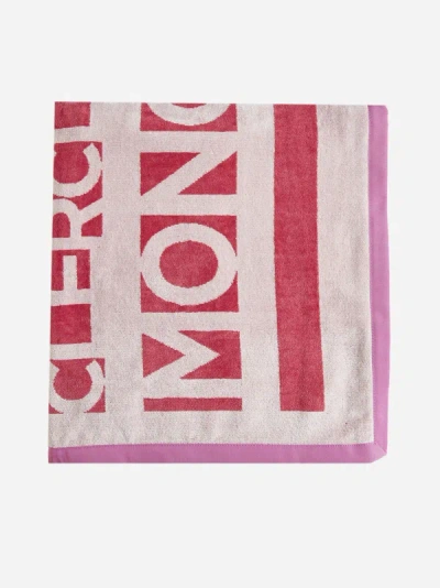 Moncler Logo Cotton Beach Towel In Ivory,pink