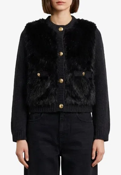 Moncler Padded Faux Fur Wool And Alpaca Cardigan In Black
