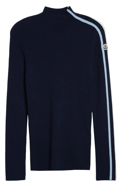 Moncler Stripe Sleeve Merino Wool Turtleneck Sweater In Dark Navy Blue