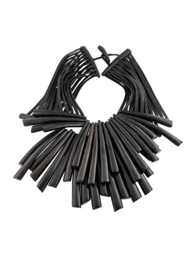 Pre-owned Monies Wood & Leather Collar Necklace, 20.5" In Black