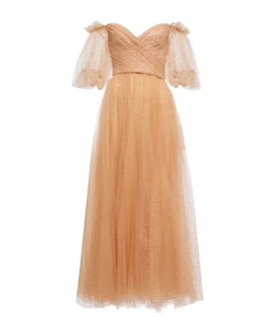 Monique Lhuillier Embellished Tulle Off-shoulder Gown In Brown