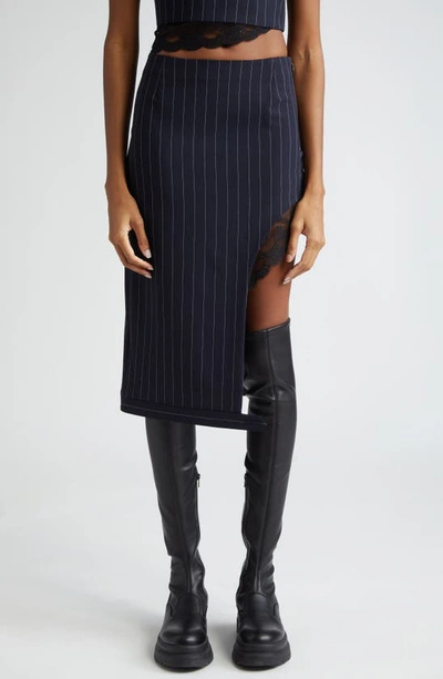 Monse Deconstructed Pinstripe Lace Trim Wool Blend Pencil Skirt In Midnight
