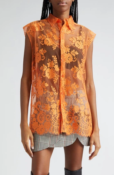 Monse Open Back Sheer Floral Lace Top In Orange
