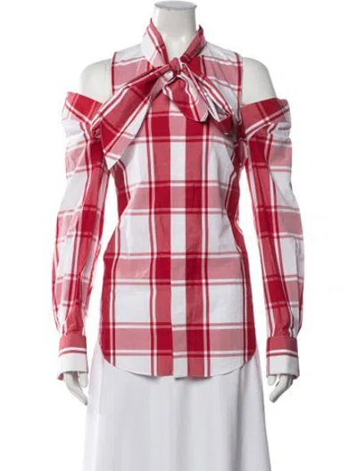 Pre-owned Monse Plaid Print Tie Neck Button-up Top In Red/white