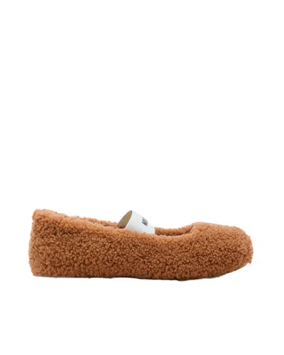 Moon Boot Ballerina Icon Shearling Slip-on Flats With Logo Band In Brown